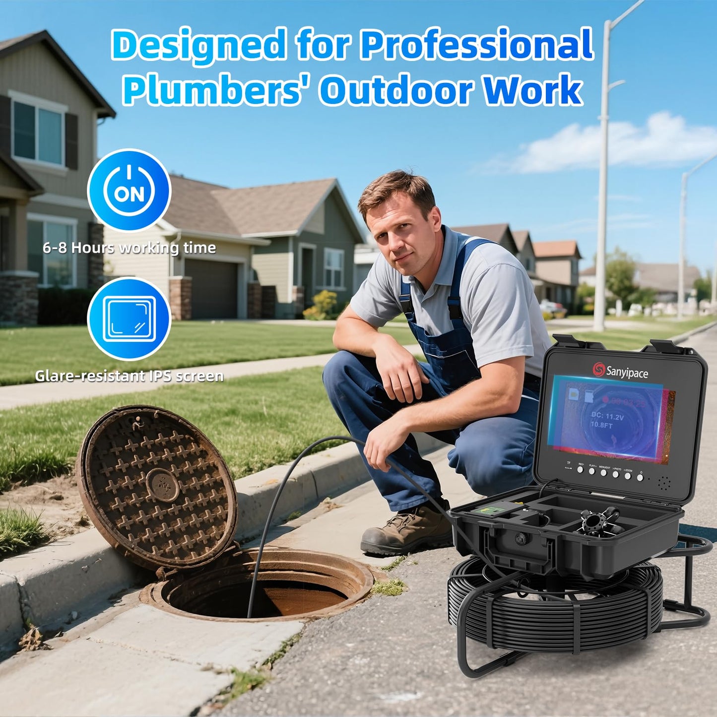 Sanyipace Sewer Inspection Camera, 328FT/100M Drain Camera with Locator, 7MM Stiffer Cable, Self-Leveling, 512Hz Transmitter, 10.1" Screen Pipe Camera, 32GB Card, Distance Counter