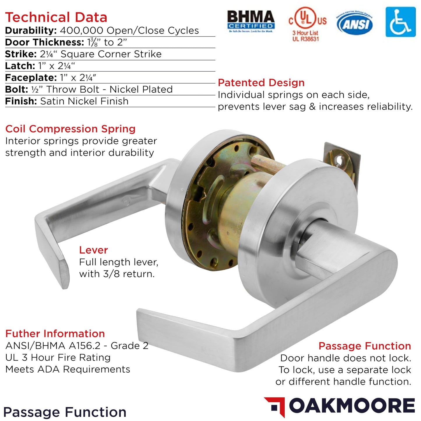 OAKMOORE Heavy Duty Commercial Door Handle | Passage Function | Grade 2 | No Lock/Key | for Meeting Rooms & Kitchens | Nickel Finish | C UL & ADA | ANSI A156.2