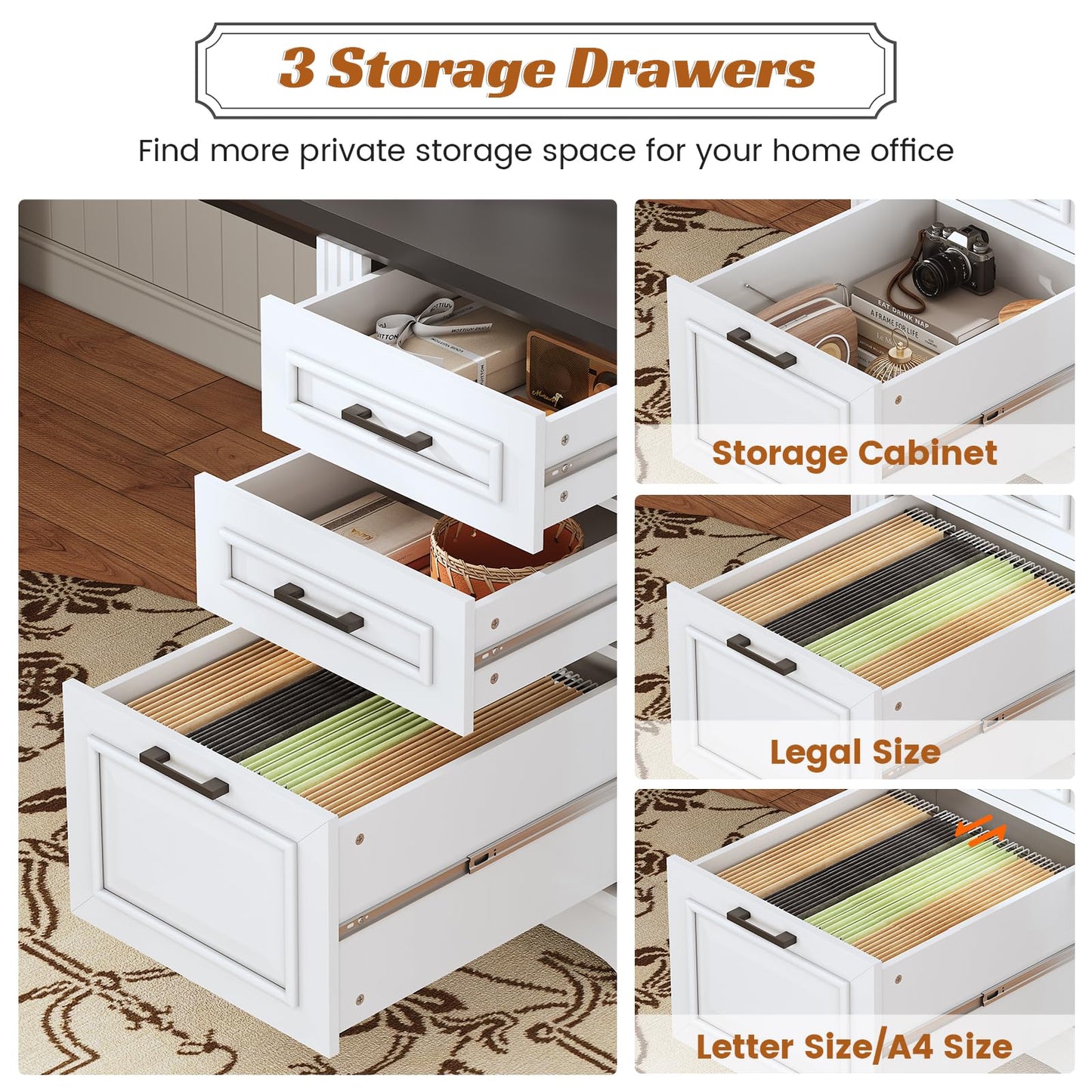 SEDETA Farmhouse 69" Executive L Shaped Desk, Home Office Desk with Drawers and Storage Cabinet & Power Outlet, Corner Computer Desk, White