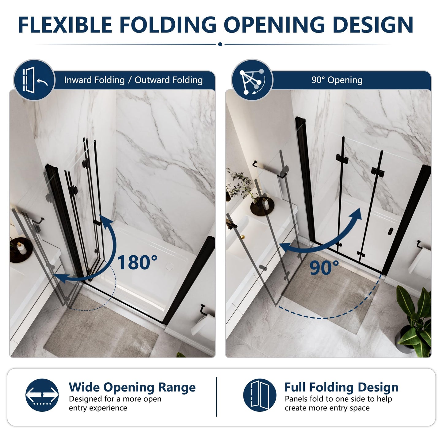 ComfyStyle Tri-Fold Frameless Shower Door 46-1/4''-48'' W x 72" H, Dual 180° Inward & Outward Tri-Fold Opening, 3-Panel Folding Shower Glass Door with 1/4" Clear SGCC Tempered Glass, Matte Black