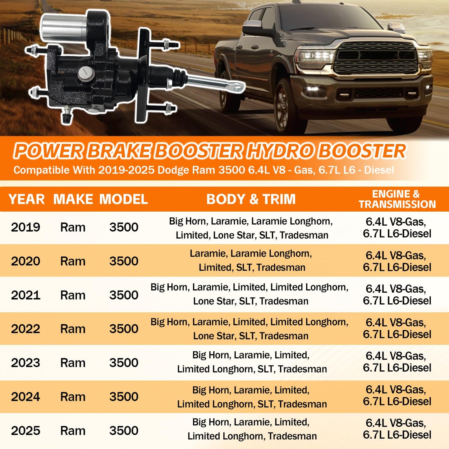 68433353AA Hydraulic Power Brake Booster Hydro Booster Fit for 2019-2025 Dodge Ram 2500 3500 6.4L V8-Gas 6.7L L6-Diesel
