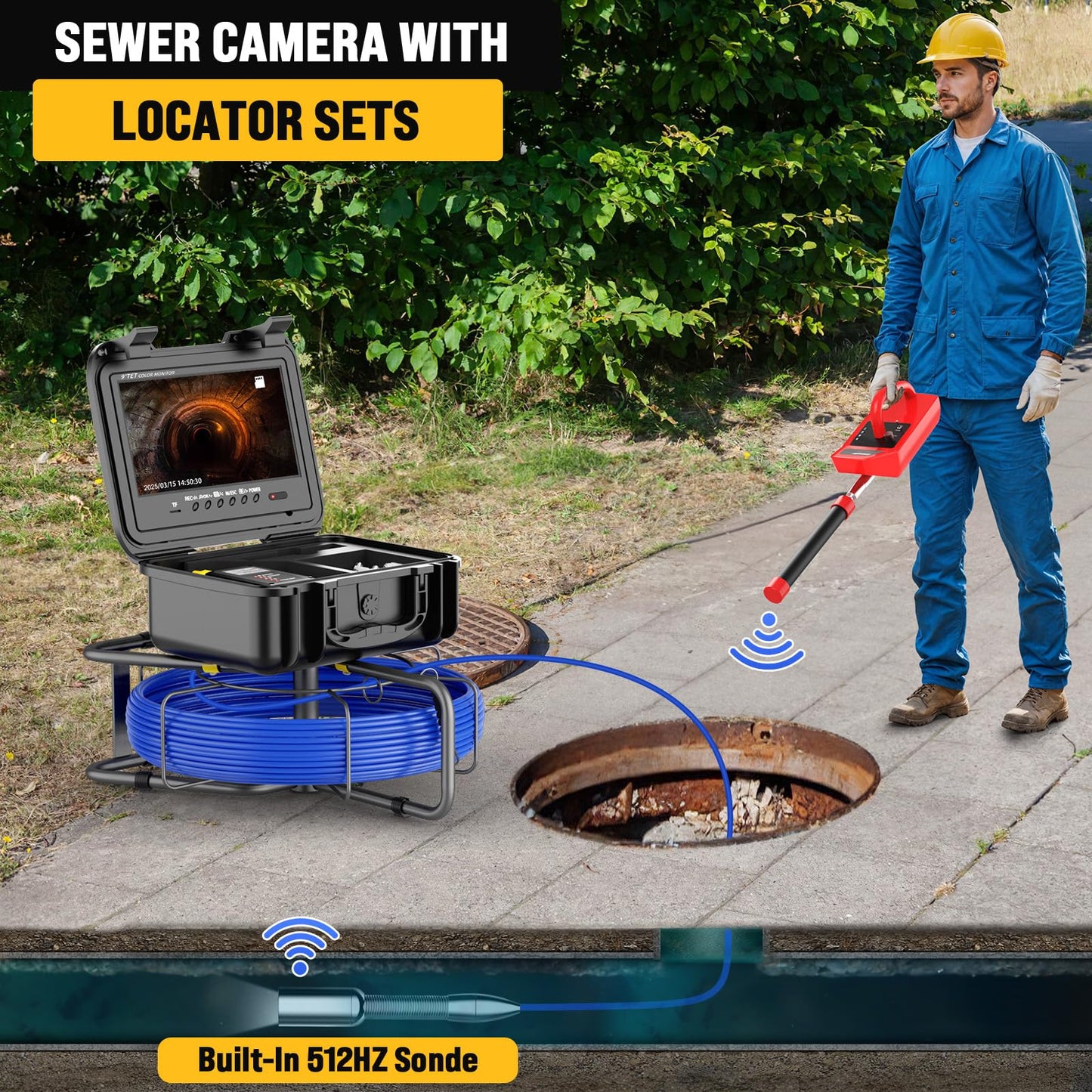 Sewer Camera 200FT with Locator and Receiver Sets with Distance Count, Self-Leveling, 512Hz Sonde IP68 Waterproof Cam, 9" Pipe Drain Inspection with 12pcs Light, DVR with 32GB Card, 7mm Cable