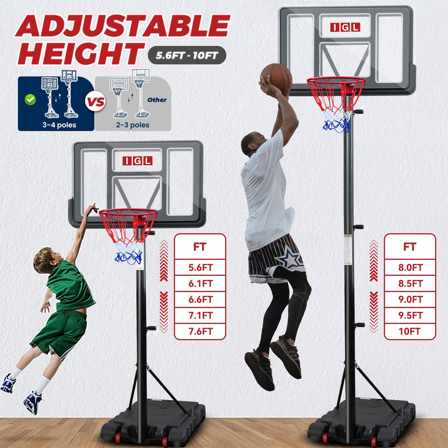 IGL Portable Basketball Hoop, 5.6-10FT Adjustable Basketball Goal System, 44 Inch Outdoor Basketball Hoop & Goals for Kids, Youth, and Adults in The Backyard, Driveway with PC Backboard (Black)