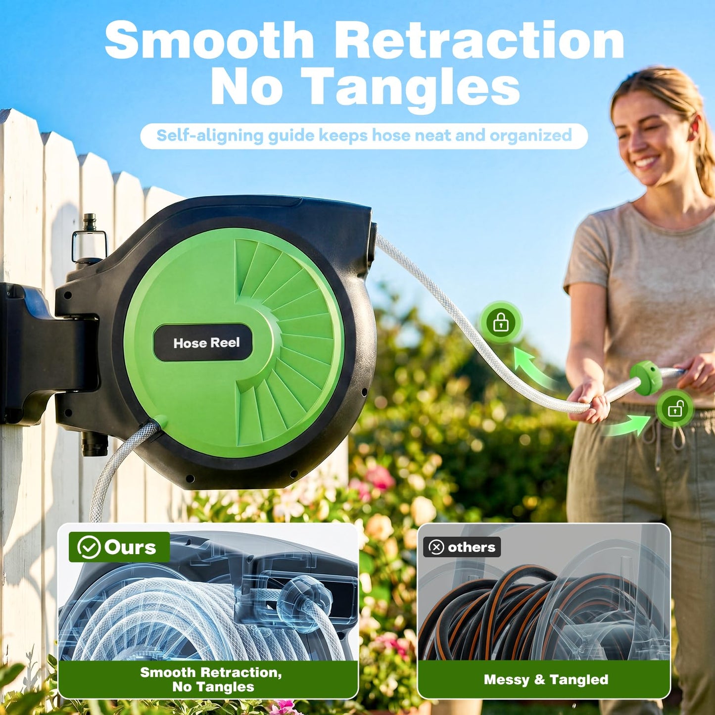 Retractable Garden Hose Reel 100FT x 1/2 in, Wall Mount Water Hose Reel for Outside with Auto Rewind, Tangle-Free Guide, 180° Swivel Bracket, Lock at Any Length, High-Pressure Flow, 10-Pattern Nozzle