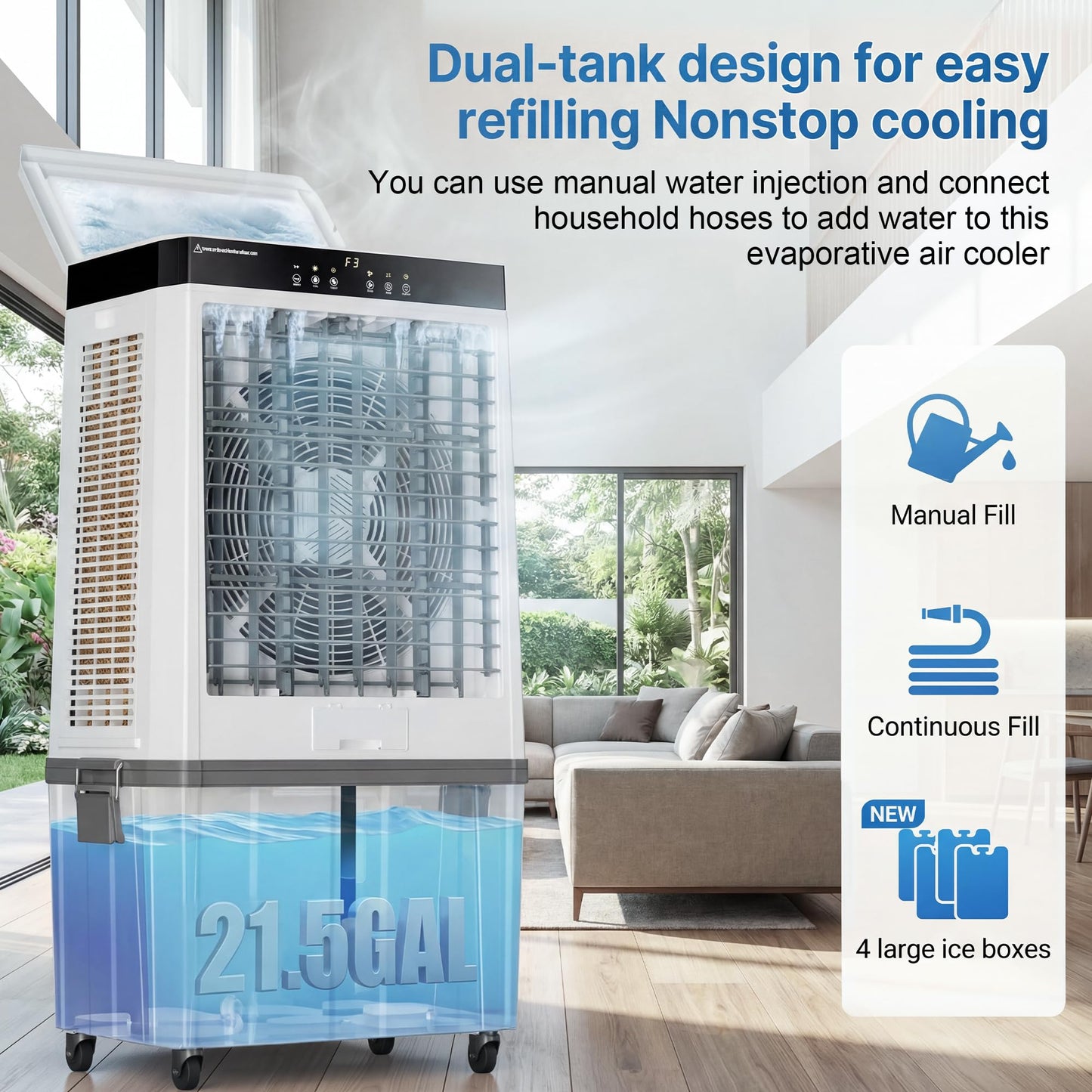 AKIRES 48" Large Swamp Cooler,6288 CFM Evaporative Air Cooler,21.5 Gal Water Tank Portable Air Cooler,120°Oscillation with Remote Control,12H Timer,3 Modes & Wind Speeds for Outdoor Indoor Use,Black