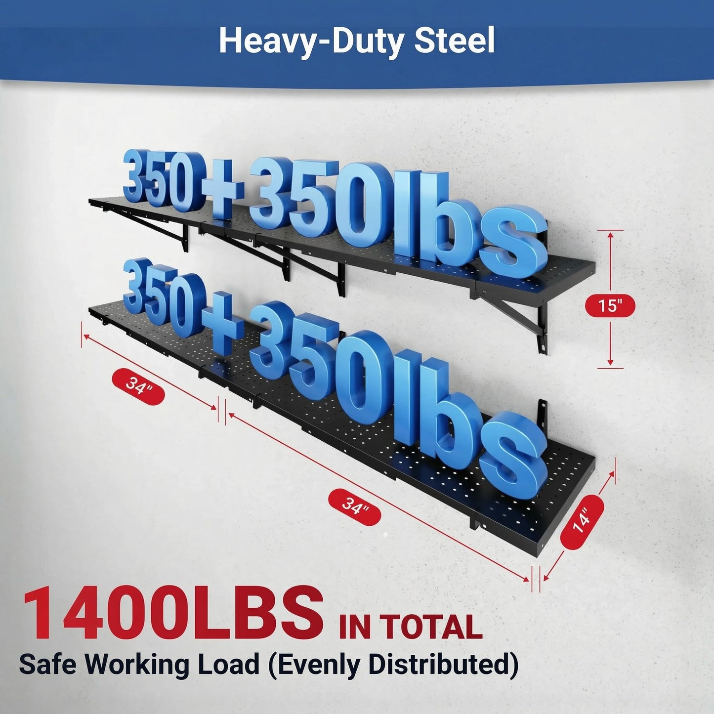 FLEXIMOUNTS 2-Pack 1x6ft Garage Shelving 14-inch-by-68-inch Perforated Wall Shelf, Heavy Duty Garage Storage Rack with 1400 lbs Load Capacity, Wall Mounted Organization System for Tools, Heavy Bins