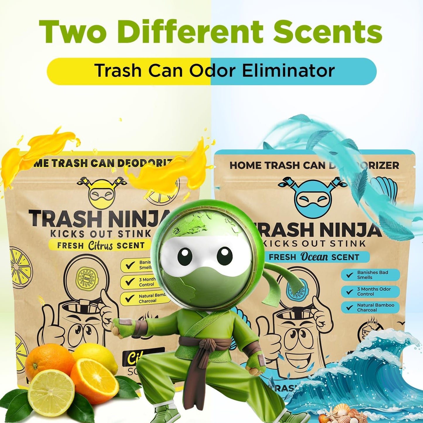 Trash Ninja Odor Eliminator - Long-Lasting Citrus Scent Deodorizer with Activated Charcoal | Perfect for Garbage Cans, Fridges, and Bathrooms