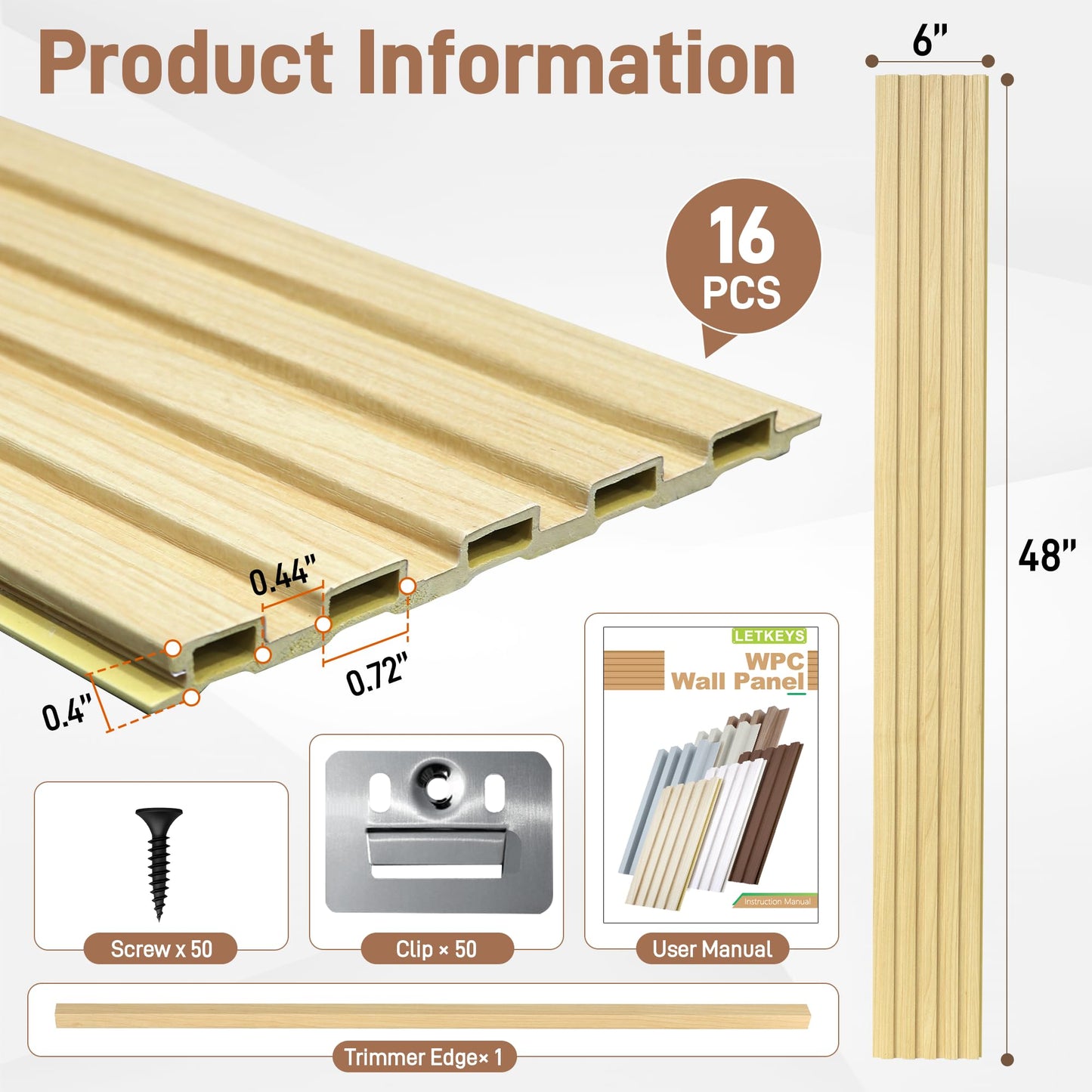 LETKEYS WPC Slat Wall Panels, 16 Packs 48 x 6 Inch WPC 3D Wood Wall Paneling for Interior Wall Decor, Living Room, Bedroom, TV Background, Wainscoting Panels for Wall Decor, Light Maple