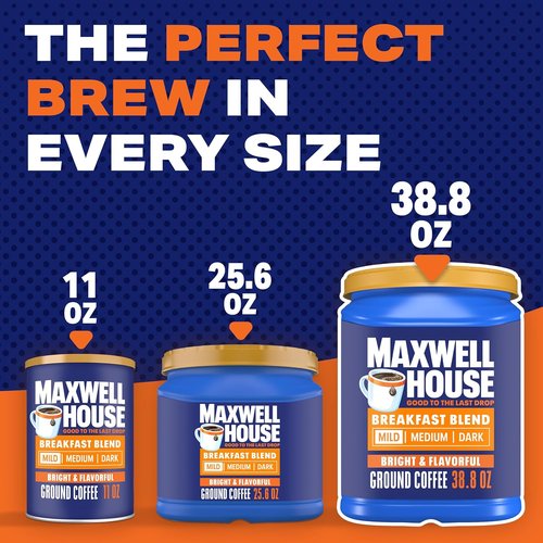 Maxwell House Breakfast Blend Ground Coffee - Mild Roast, 38.8 oz Canister for Smooth Flavor