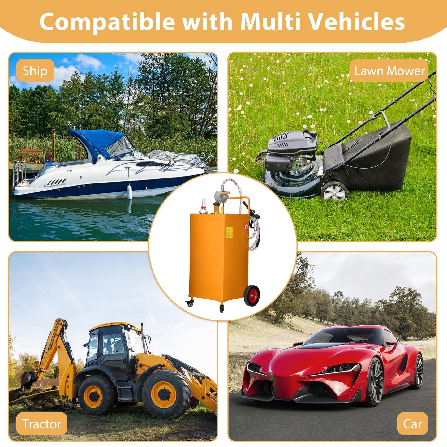 35 Gallon Portable Fuel Caddy with Manual Pump, Heavy Duty Mobile Fuel Transfer Tank On 4 Wheels, Gasoline & Diesel Storage Container for Trucks, Boats, ATVs, Lawn Mowers, Farm Equipment - Orange