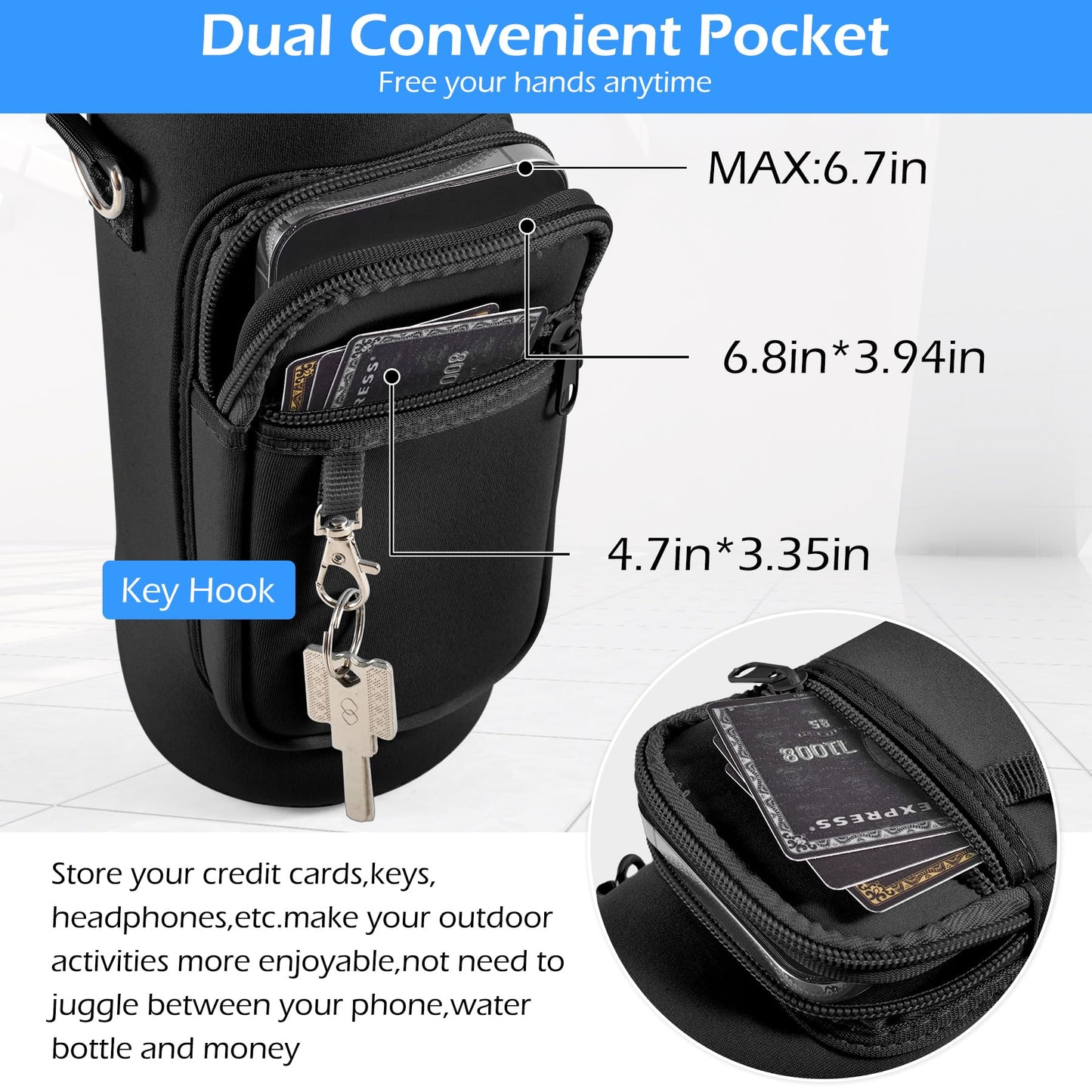 Noxgifix Water Bottle Holder with Strap,Water Bottle Bag,32/40 oz Large Capacity,Adjustable Shoulder Hand Strap,2 Phone Pocket Water Bottle Holder,Water Bottle Accessories for Camping Running Walking