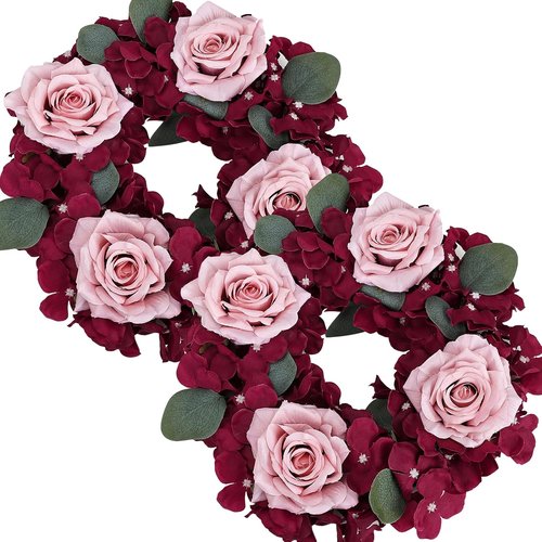 Artificial Flower Candle Rings - 6-Inch Rose Floral Wreaths with Butterflies for Wedding Centerpieces | Burgundy & Dusty Pink