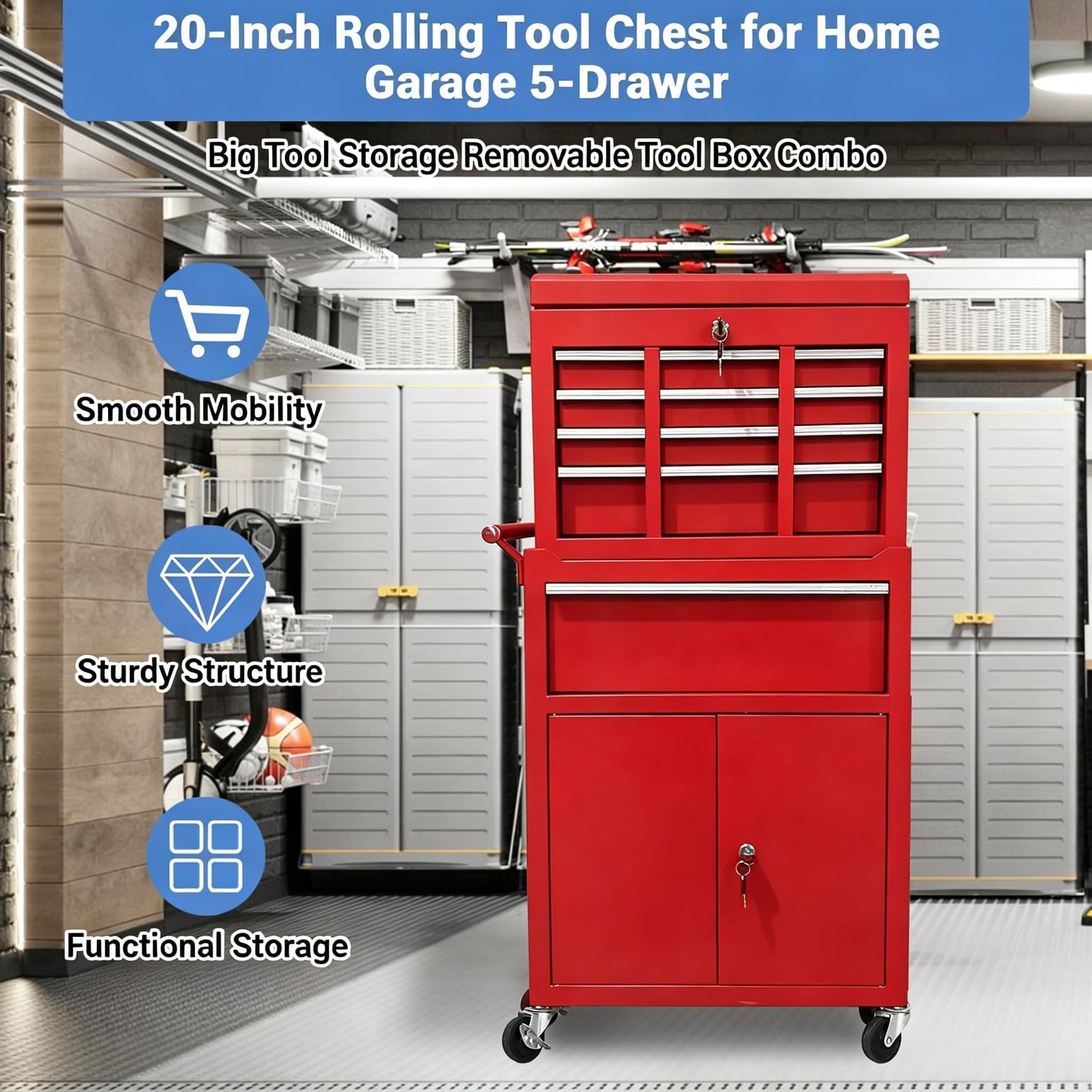 SierraSquad Heavy Duty 8-Drawer Rolling Tool Chest, 2-in-1 Detachable Top Tool Box, Locking Steel Storage Cabinet Cart on Wheels, Red