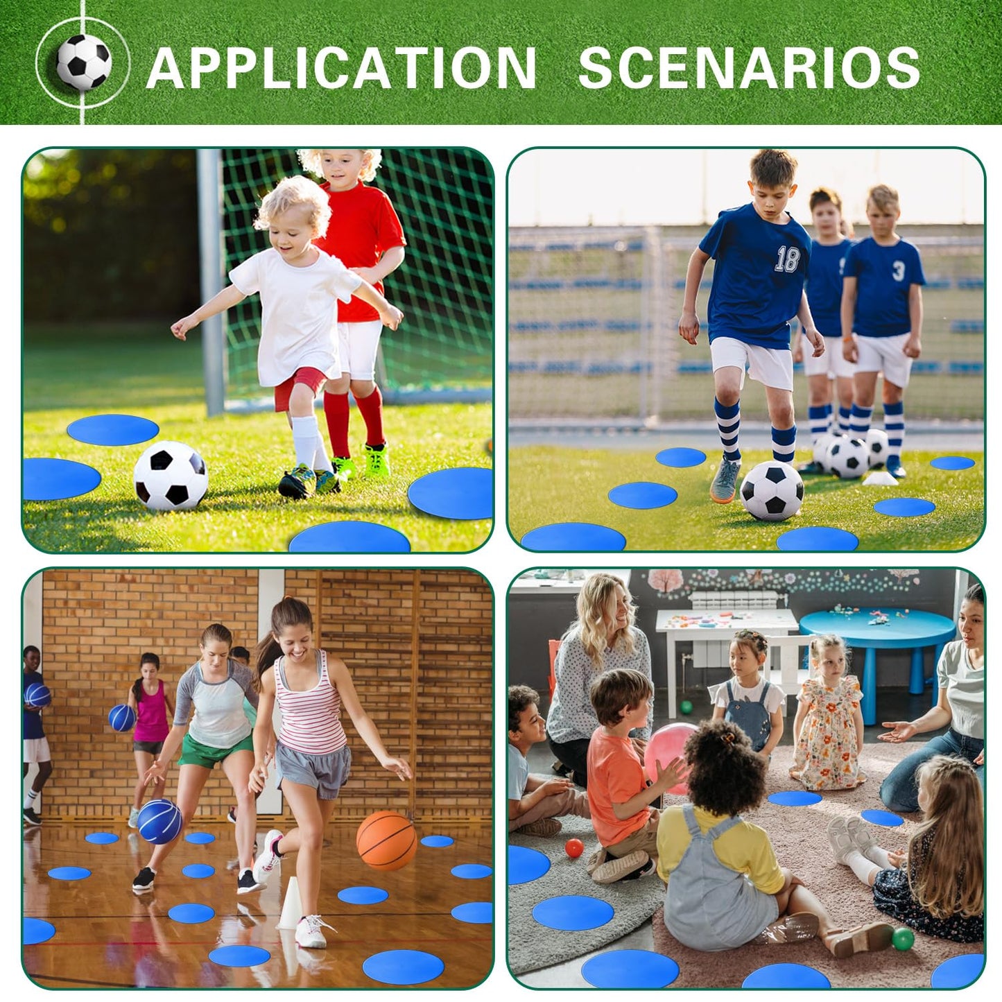 PIKZH Poly Spot Markers 9 inch 12 Pcs Non-Slip Rubber Agility Training Markers Floor Dots Flat Field Cones for Football Soccer Ball Basketball School Exercise Drills Gym Dance Practice TPE Blue