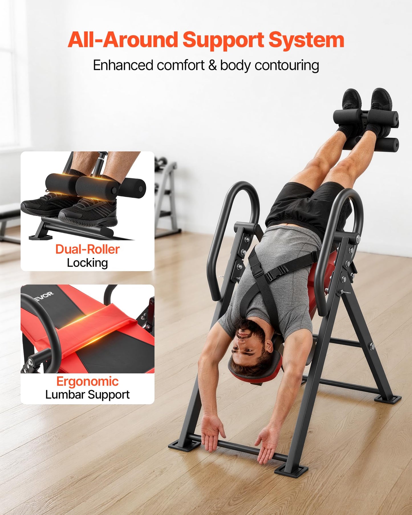 VEVOR Inversion Table, 300 lbs Capacity Heavy Duty Inverted Table, Back Inverter Stretcher with Dual-Roller Locking, Decompression Tables for Shoulders, Neck, Back, Multi-Angle Adjustable Tether Strap