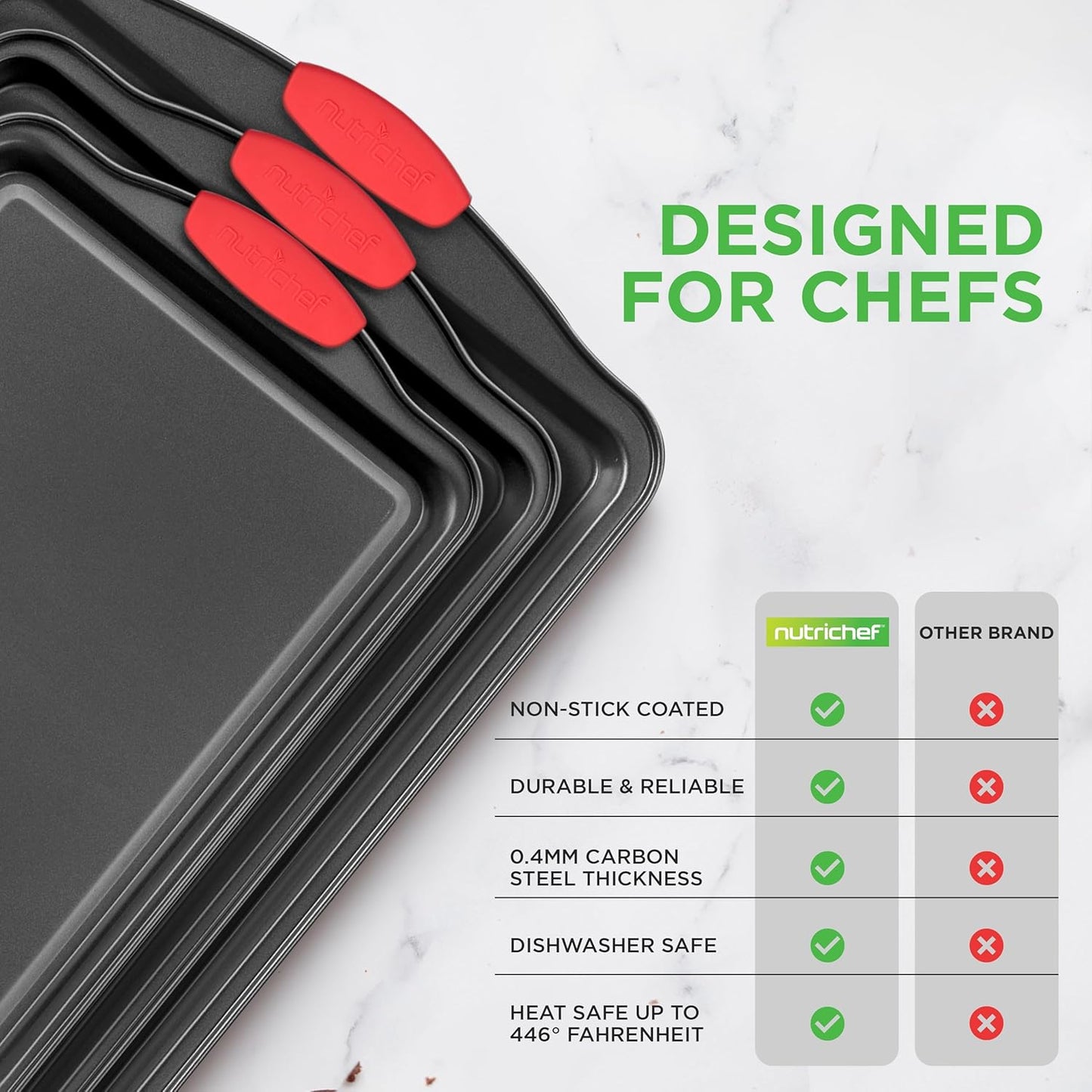 NutriChef Nonstick Baking Pans Set - Premium Carbon Steel Cookie Sheets with Red Silicone Handles | Oven Safe, Dishwasher Safe (6 Pack)