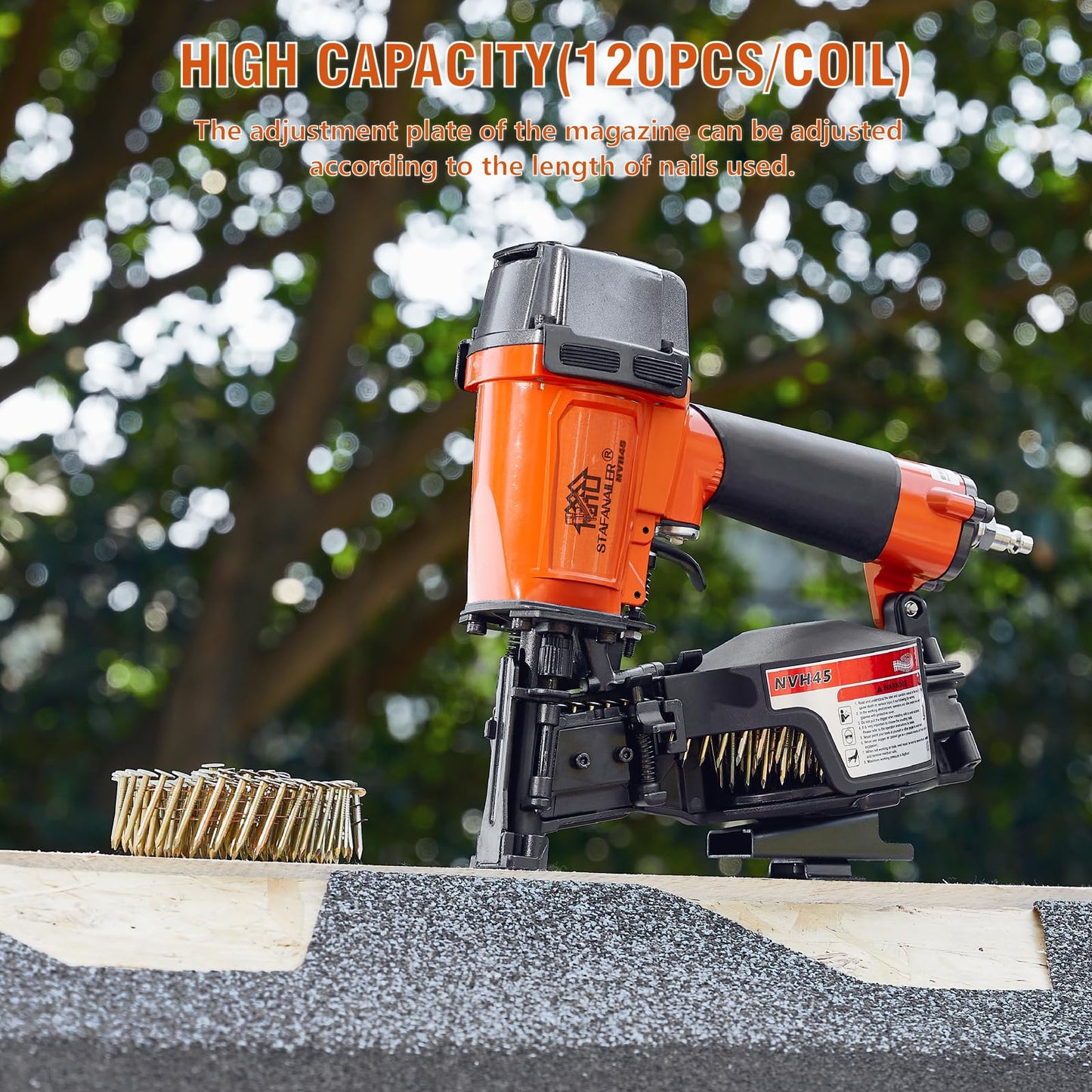 Stafanailer NVH45 Roofing Nail Gun, 15 Degree Pneumatic Pistola De Roofing, 7/8" to 1-3/4" Nails Compatibility, 3/8 NPT Air Connector, 120-Pcs Load Capacity for Roofing Constructions (Org-Blk Ver)
