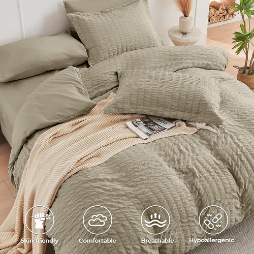 HYMOKEGE Queen Comforter Set - Luxury 7-Piece All-Season Bedding in Seersucker Style
