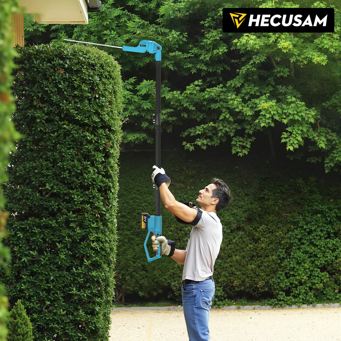 Brushless Pole Hedge Trimmer Cordless, 20.5" Dual-Action Blade，180° Adjustable Head Electric Bush Trimmer, 2×4000mAh Batteries, Up to 14.9FT Reach Battery Powered Hedge Trimmers for Shrubs Pruning