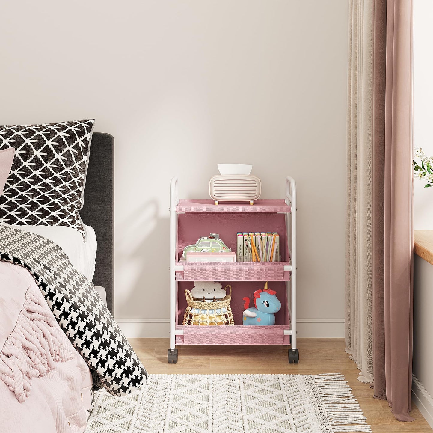 Buzowruil Utility Rolling Fabric Storage Rack Trolley Toy Cart Trolley with 2 Large Storage Boxes,Wheels, Suitable for Bedroom, Living Room, Entryway, Pink