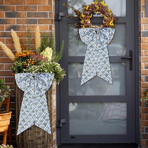HunnmingRe Blue Block Print Bow Wreath Sash - 24 x 16 Inch Christmas Door Decor for Indoor/Outdoor Use