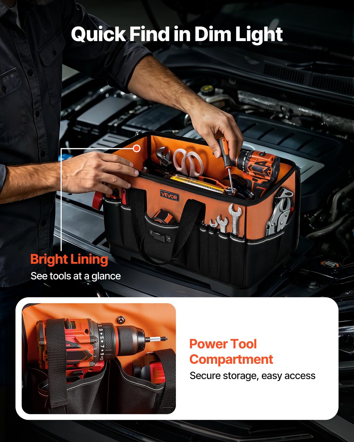 VEVOR Tool Bag, 19.1 Inch, 33-Pocket Portable Large Tool Box Organizer Storage, Toolbox with Water-Resistant Base, Zipper, Adjustable Shoulder Strap Toolbag, for Men Women Dad Husband Fathers Day
