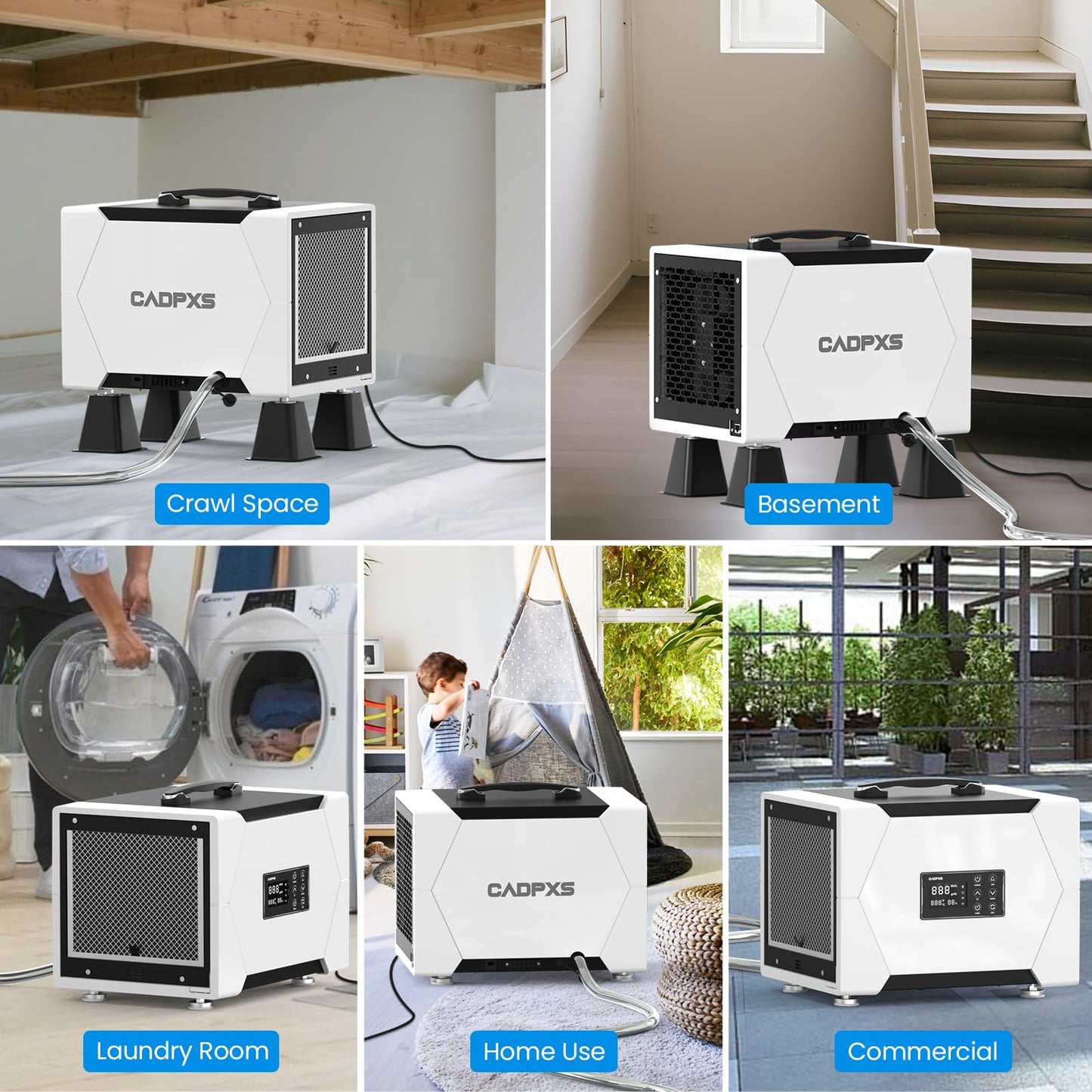 CADPXS Crawl Space Dehumidifier with Drain Hose, 80 Pint Commercial Dehumidifier for Basement, Home Use, Water Damage, Auto Defrost, Memory Start, cETL, Up to 1000 Sq Ft, 5 Years Limited Warranty
