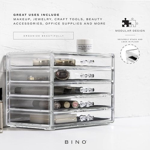BINO The Manhattan Series Acrylic Makeup Drawer Organizer - 5 Clear Drawers for Beauty & Jewelry Storage