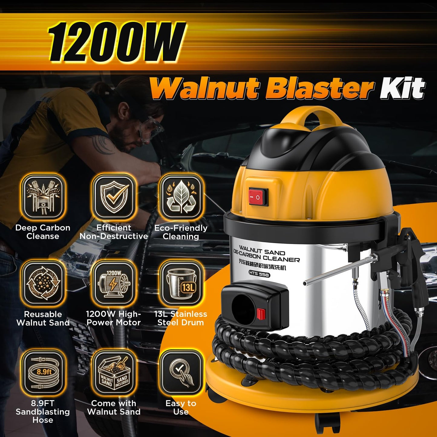 Walnut Blaster Kit for Carbon Cleaning with 2kg Walnut Sand Blaster Machine HTS558 Engine Intake Valve Cleaning Kit 1200W Automotive Engine Carbon Remover with 8.9Ft Sandblasting Hose,5 Adapters