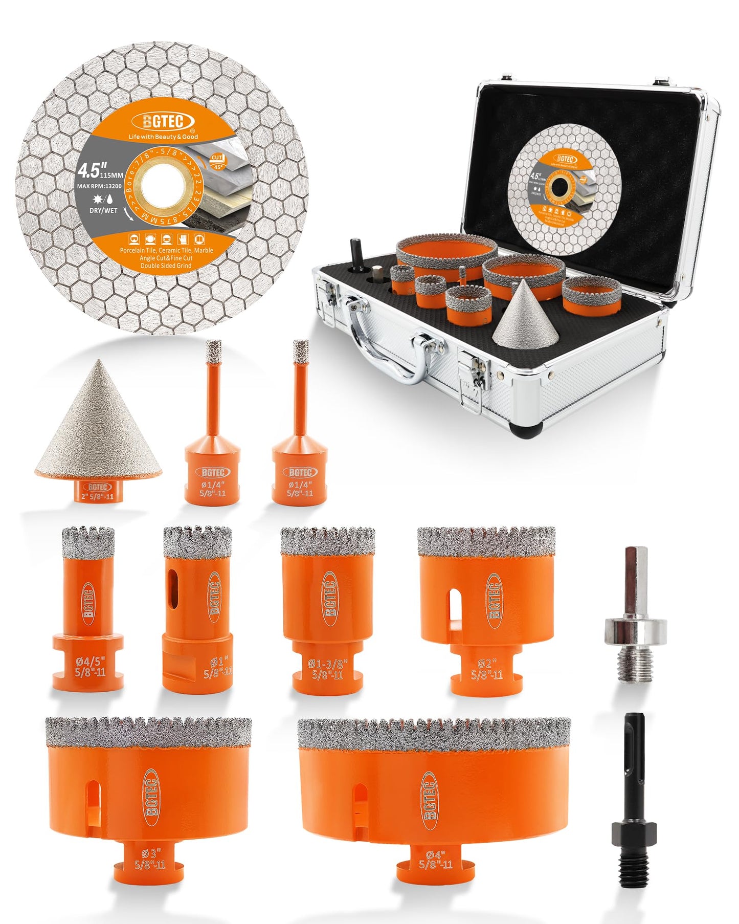 BGTEC Diamond Hole Saw Kit - 11PCS 6/6/20/25/35/50/75/100mm Drill Bits & 50mm Chamfering Bit & SDS/HEX & 115mm Tile Blade for Porcelain Tile Ceramic Granite Marble Stoneware