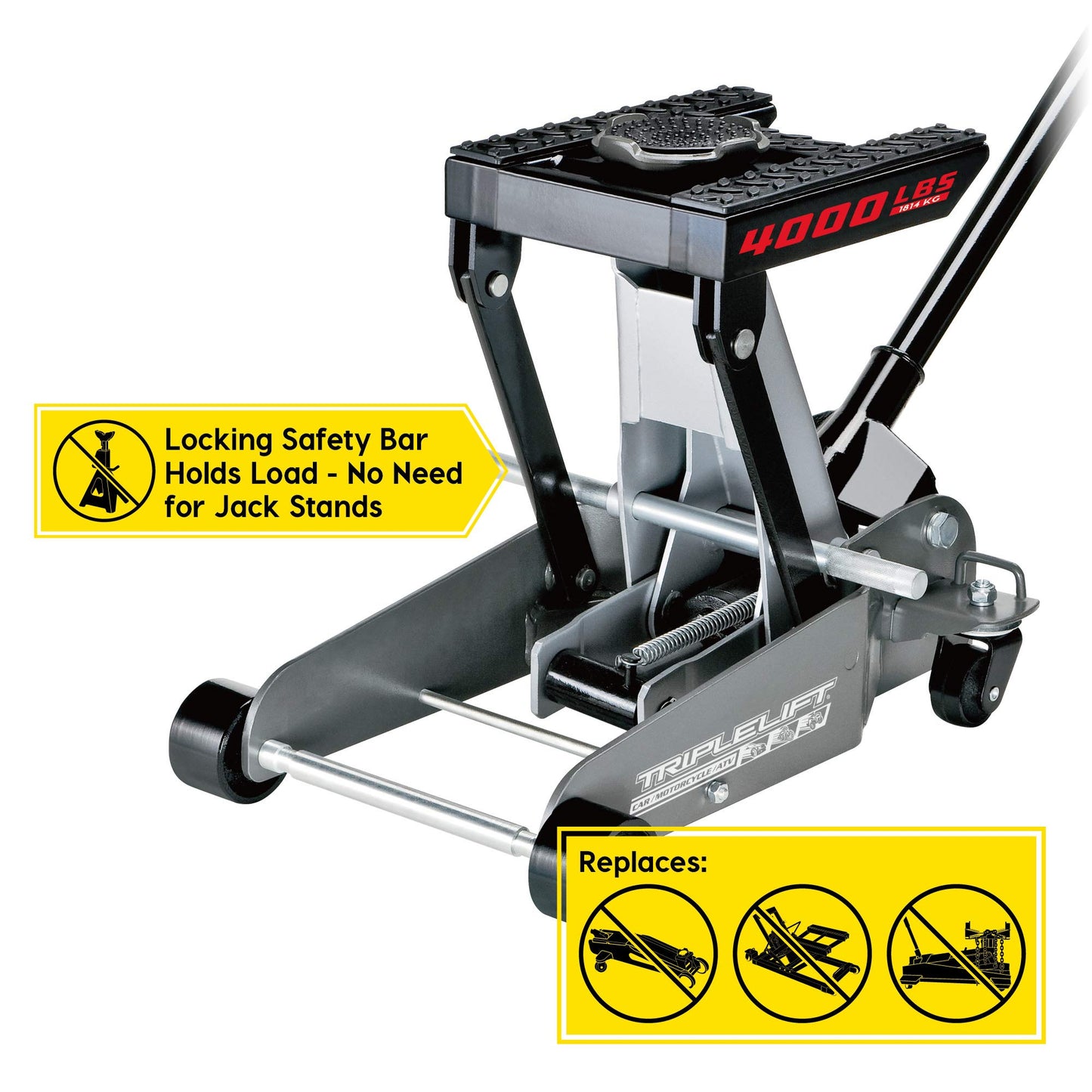 Powerbuilt 2 Ton Triple Lift Floor Jack, Works on Cars, Trucks, Motorcycles, ATV's, Transmissions, 4-3/4 to 17 in. Range, Wide and Stable, Locking Safety Bar - 620422E