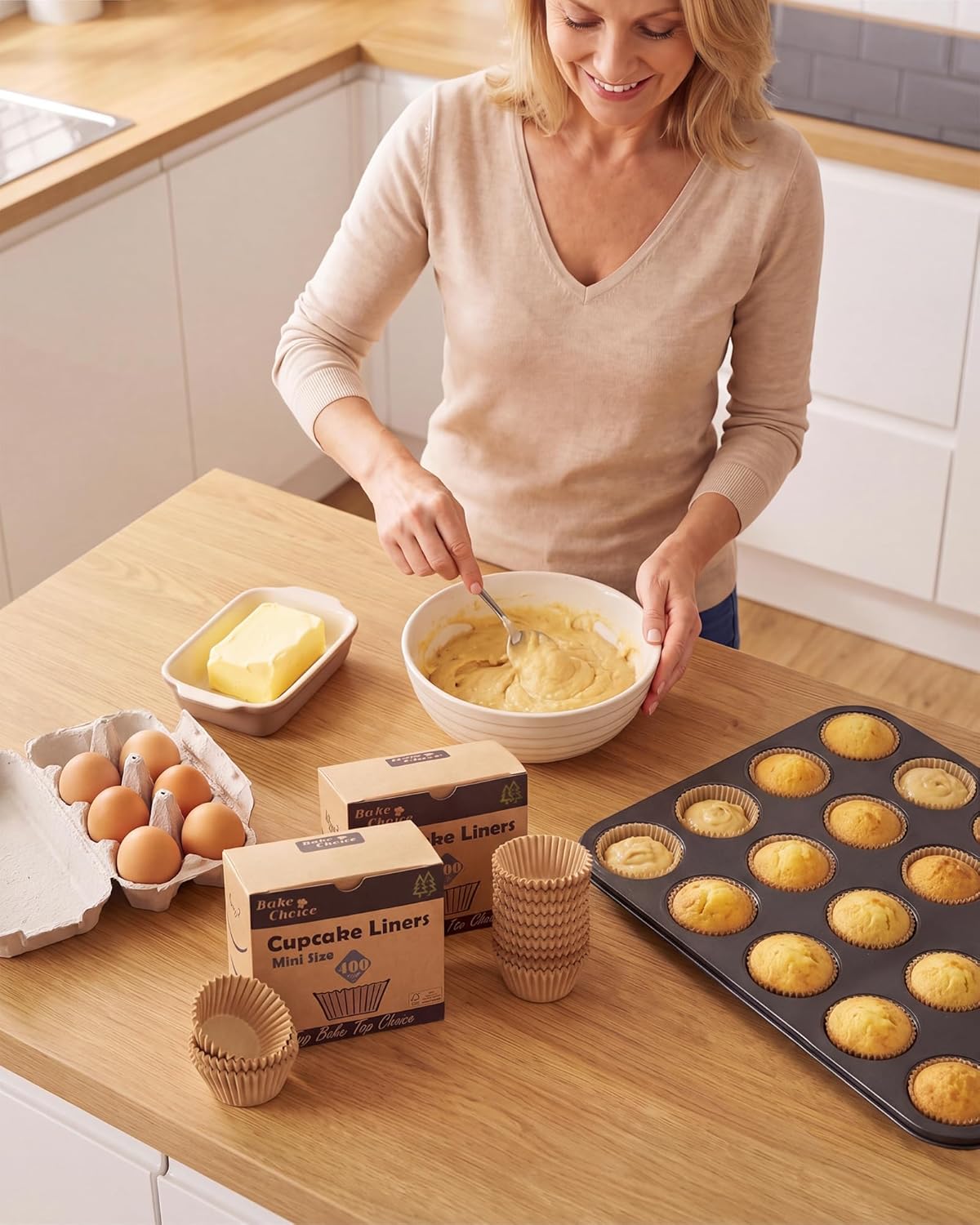 Bake Choice Mini Cupcake Liners - 400 Pcs Non-Stick Natural Parchment for Baking & Muffins