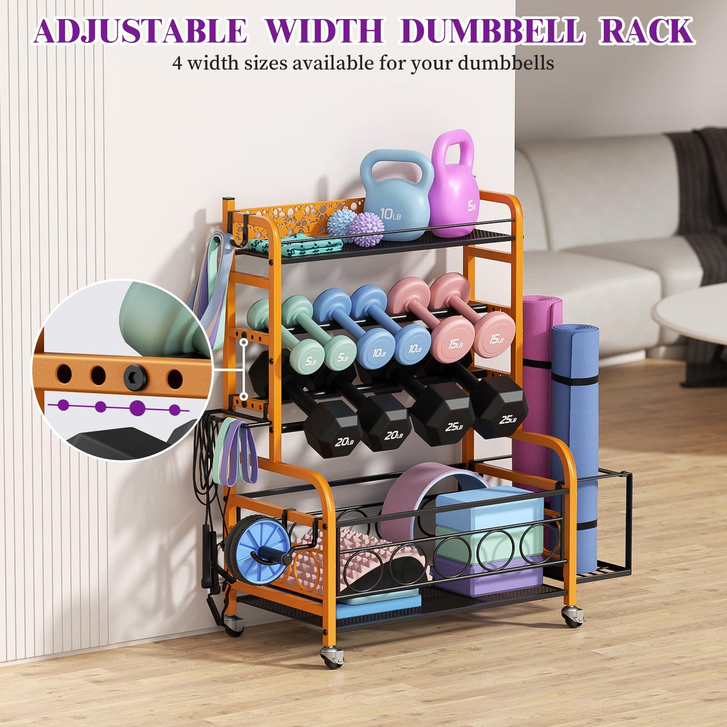 Dumbbell Rack,VOPEAK Weight Rack for Dumbbells, Weight Rack for Home Gym, Home Gym Storage Rack for Yoga Mat Kettlebells and Strength Training Equipment, Weight Storage Rack for Dumbbells with Wheels