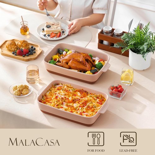 MALACASA 4.8 Qt Ceramic Baking Dish - Deep Rectangular Casserole with Handles | 9 x 13 Inch, Khaki & Pink