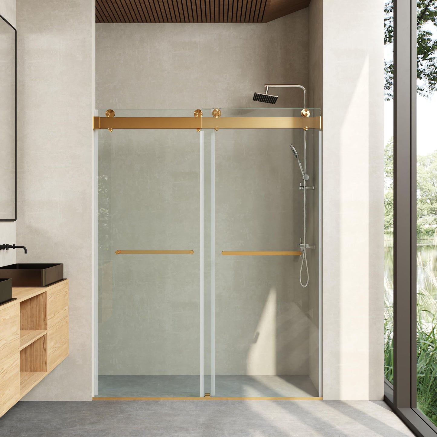 CRISSENSSI Frameless Soft Close Shower Door, 56"-60 "W, 76 "H, 3/8" (10mm) Clear Tempered Glass, Double Sliding Doors, Brushed Gold Finish.