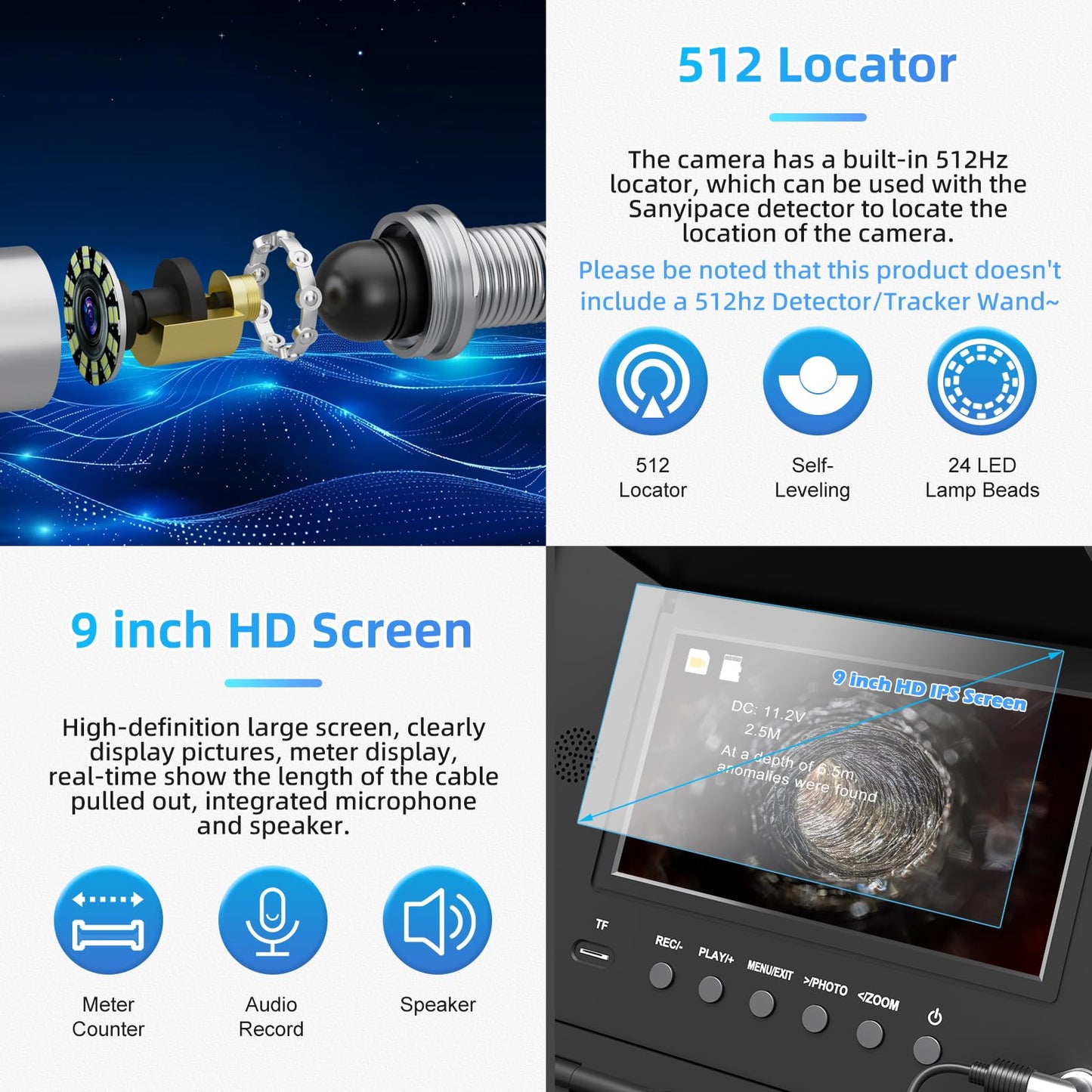 Sanyipace Sewer Camera 328FT/100M with 512Hz Transmitter, Self-Leveling, Drain Plumbing Pipe Inspection Camera with Mic Speaker, DVR Recorder, 16GB TF Card, 9mm Rigid Cable, Pipe Pulley Guide Wheel