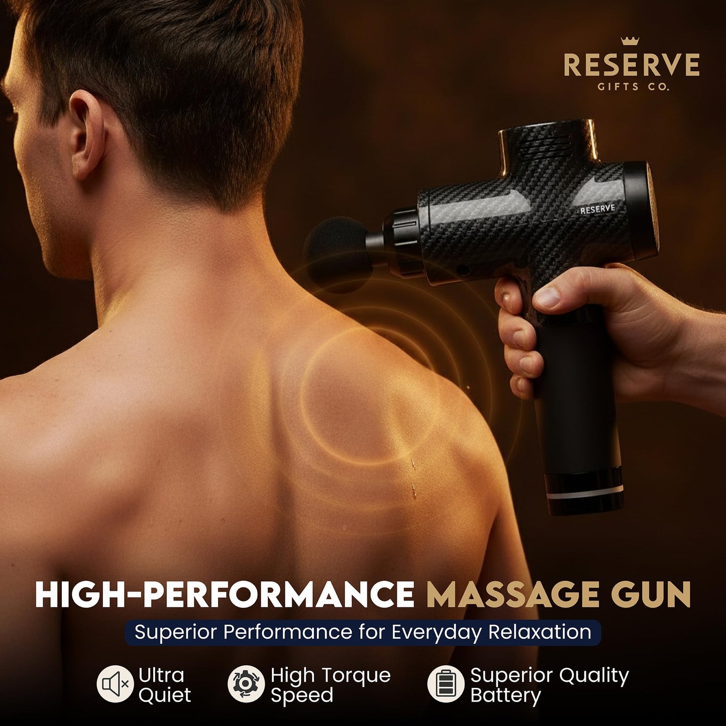 Reserve Gifts Co. Massage Gun Gift with Carrying Case - Deep Tissue Back Massager for Pain Relief with 6 Percussion Relaxation Heads - Silent Brushless Motor, for Wife, Mother, Dad, Husband (Black)