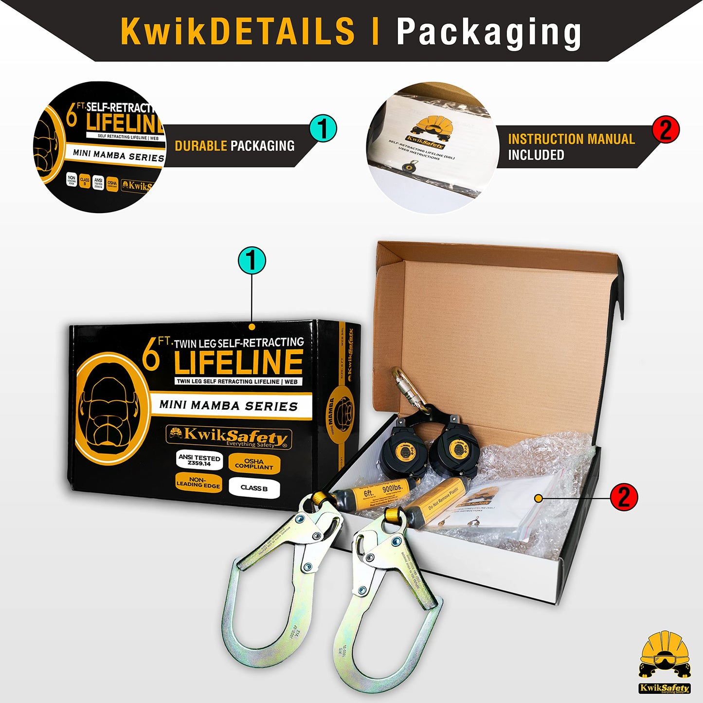 KwikSafety - 6' mini Mamba Twin-Leg Self Retracting Lifeline [NO Tangle Web] Class 1 Retractable Safety Lanyard SRL ANSI OSHA