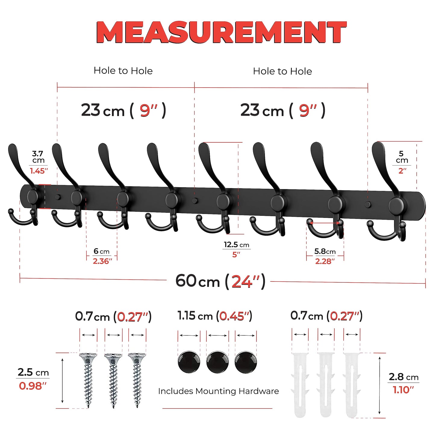 Coat Rack Wall Mount with 8 Tri Hooks, Stainless Steel 24 Inch – Black Matte Finish, Heavy Duty Wall Mounted Hook Rack for Coats, Hats, Towels, Scarfs, Robes, Bags, Entryway & Bathroom - 2 Pack