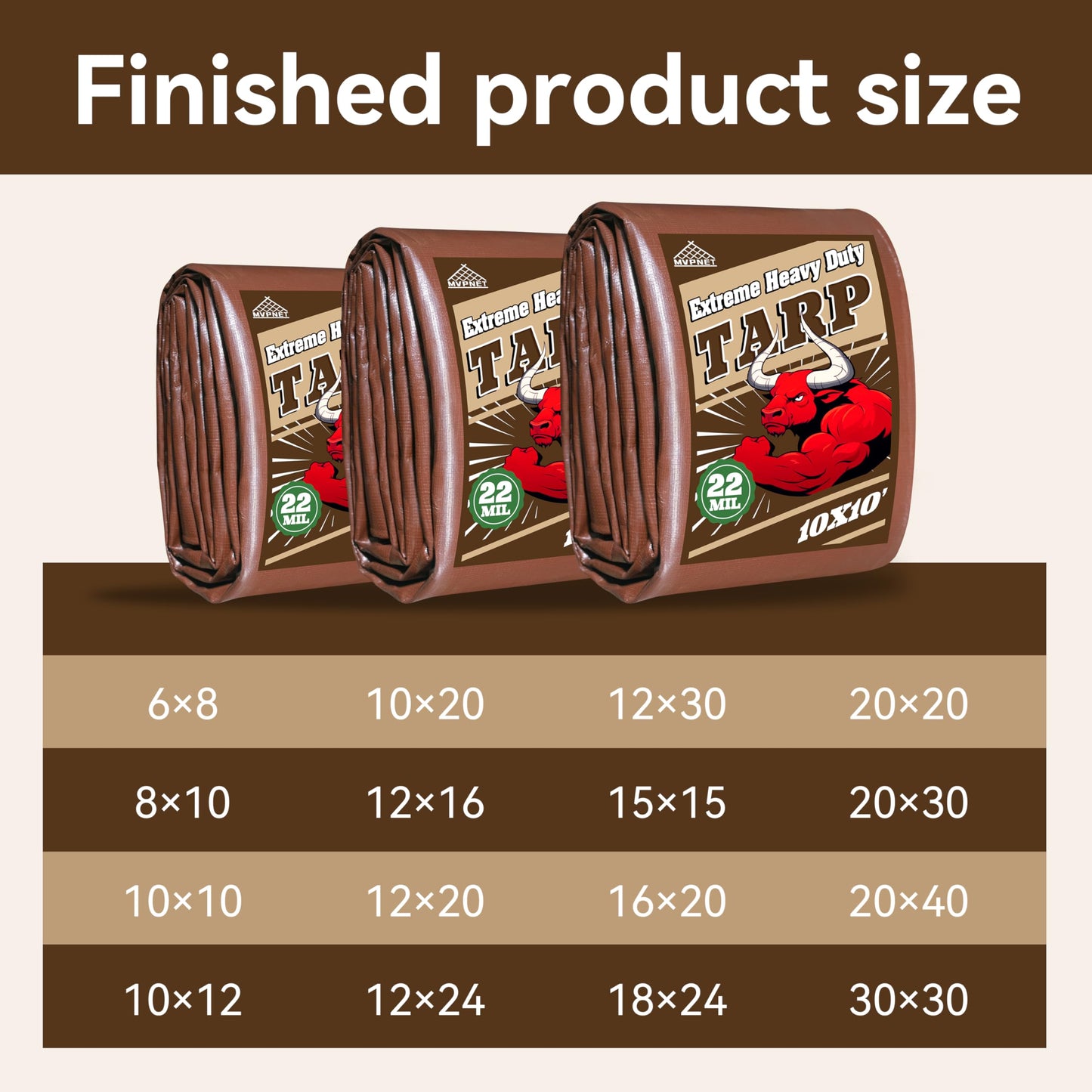 MVPNET 12x24 FT Tarp 22 mil Extreme Heavy Duty Waterproof tarps,Brown&Beige Multipurpose Outdoor Tarpaulin Tear-Proof&UV-Resistant,for Canopy,Camping,Roof,Trailer, Etc