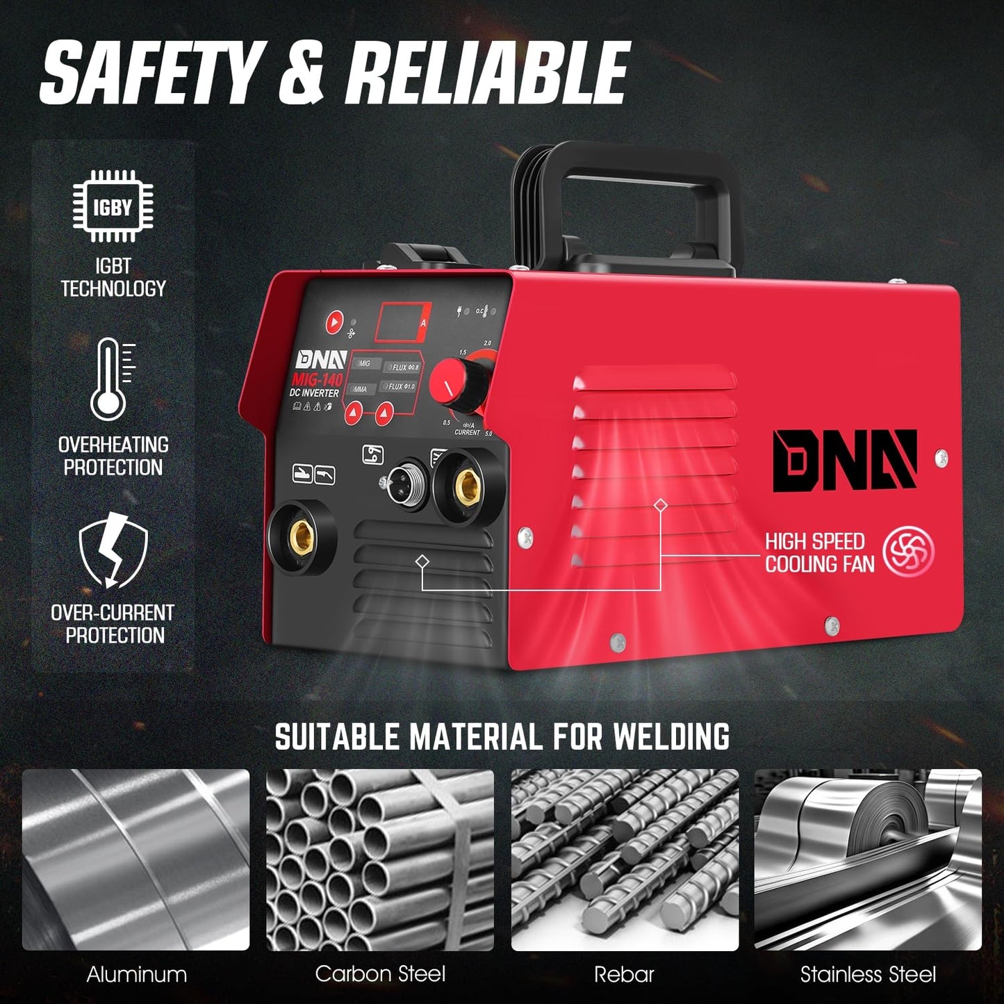 DNA Motoring 140A Portable MIG Welder, 110V Flux Core Welder, 2-in-1 Stick MMA/Flux MIG Welding Machine IGBT Inverter, Automatic Wire Feeding Welder Machine, w/LED Digital Display, TOOLS-00714-RD