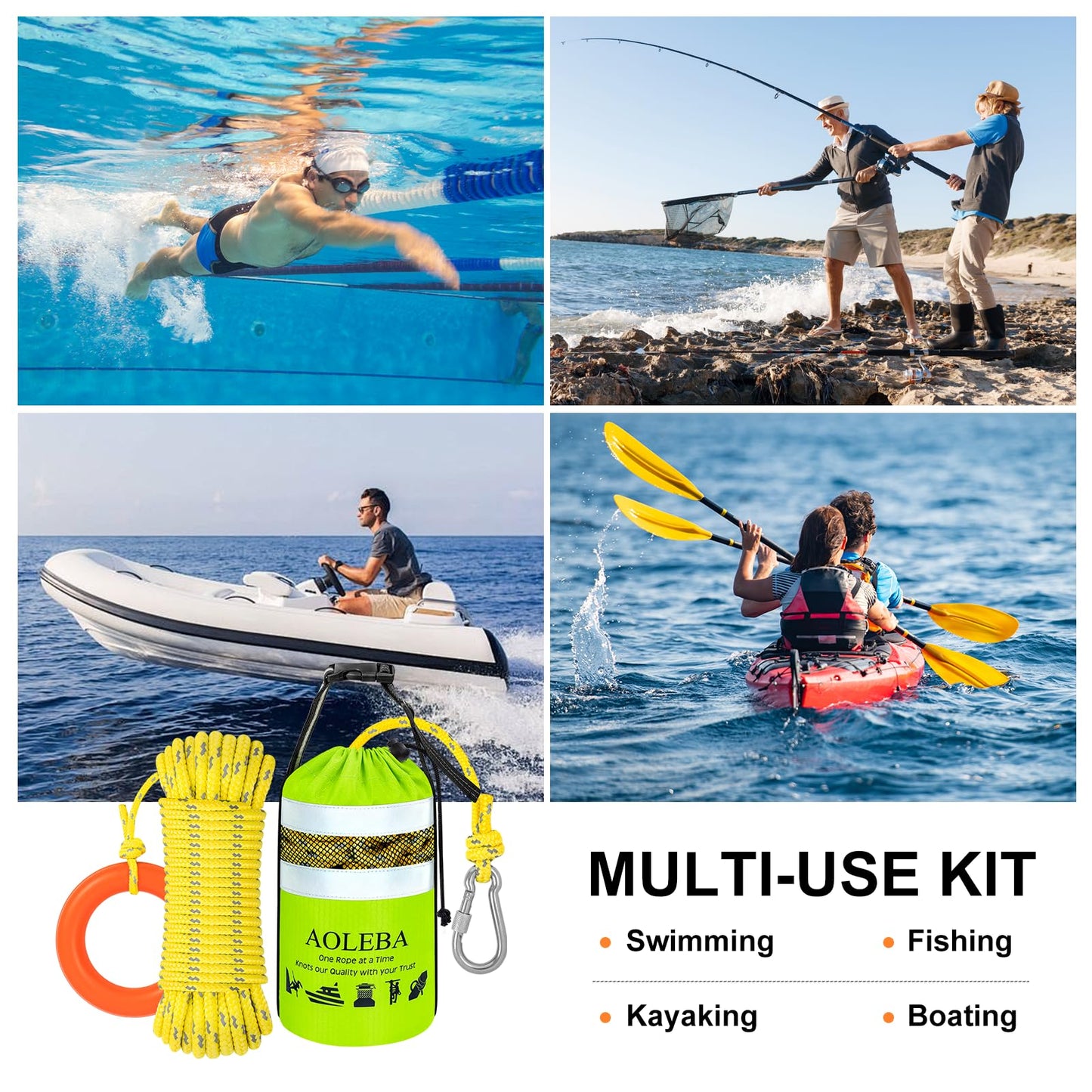 AOLEBA Water Rescue Throw Bag with 8MM Reflective Rope, 1900lbs Tensile Strength Emergency Safety Gear for Boating, Kayaking, Rafting, Floating Throw Bag Throwable Device with Quick Deployment Design
