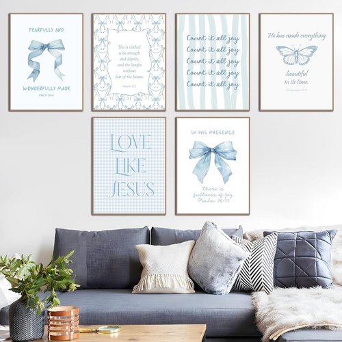 Coquette Blue Bow Wall Art | Inspirational Bible Verse Decor for Teen Girls | Light Blue 8x10 Unframed