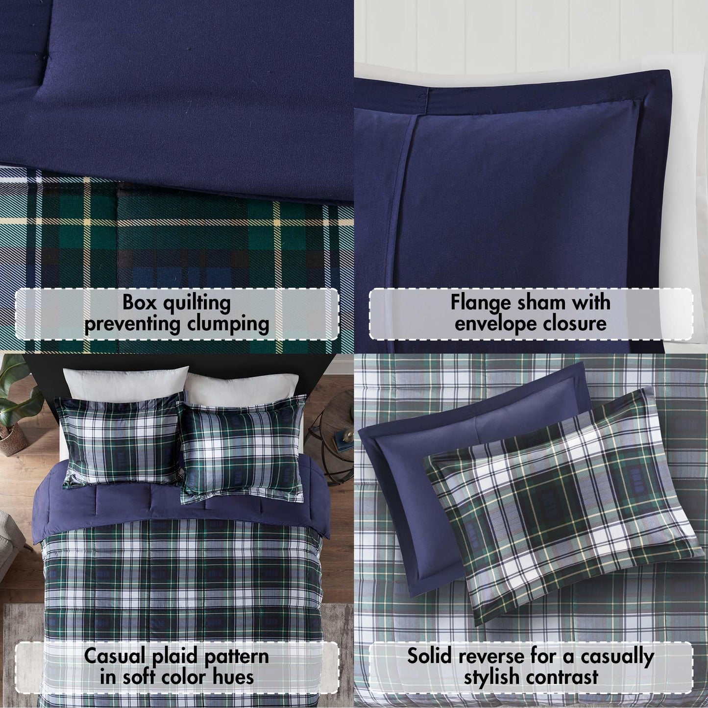 Madison Park Essentials Parkston Plaid Comforter Set Soft Brushed Microfiber College Bedding, 3M Scotchguard Stain Release Cover, Modern All Season Cabin Bedding, Full/Queen, Navy, 3 Piece