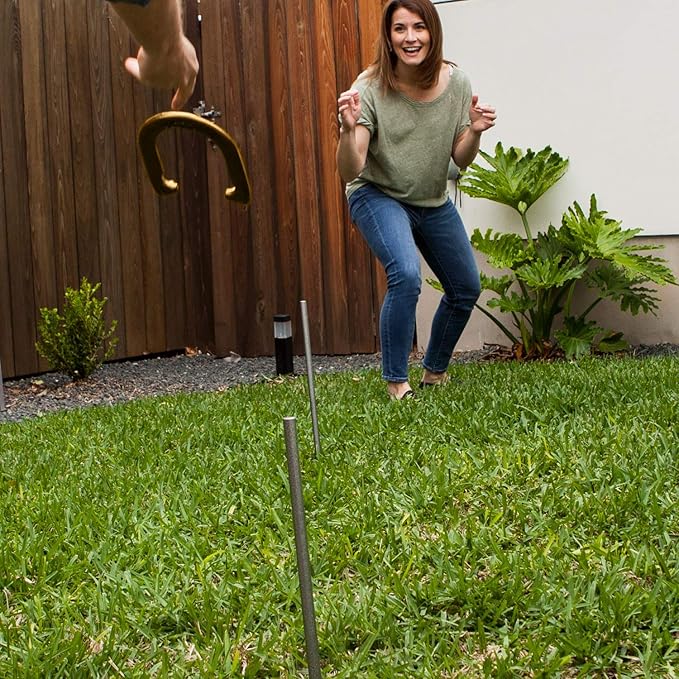 Champion Sports Horseshoe Set: Traditional Outdoor Lawn Game includes Four Professional Solid Steel Horseshoes with Solid Steel Stakes & Carrying Storage Case