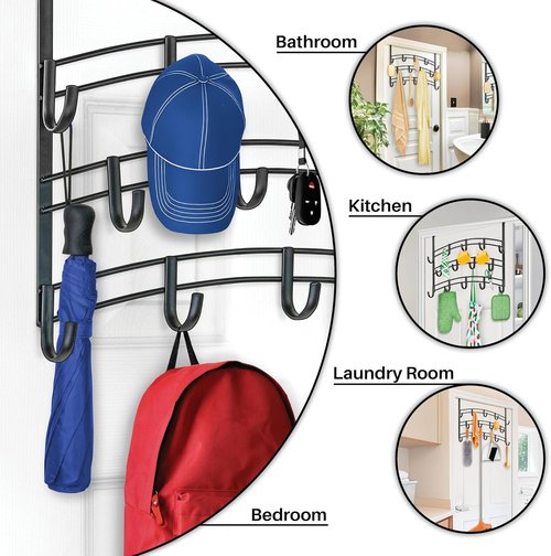 LYNK Professional® Over the Door Hooks - 14 Hook Coat Rack for Towels & Clothes - Black Finish