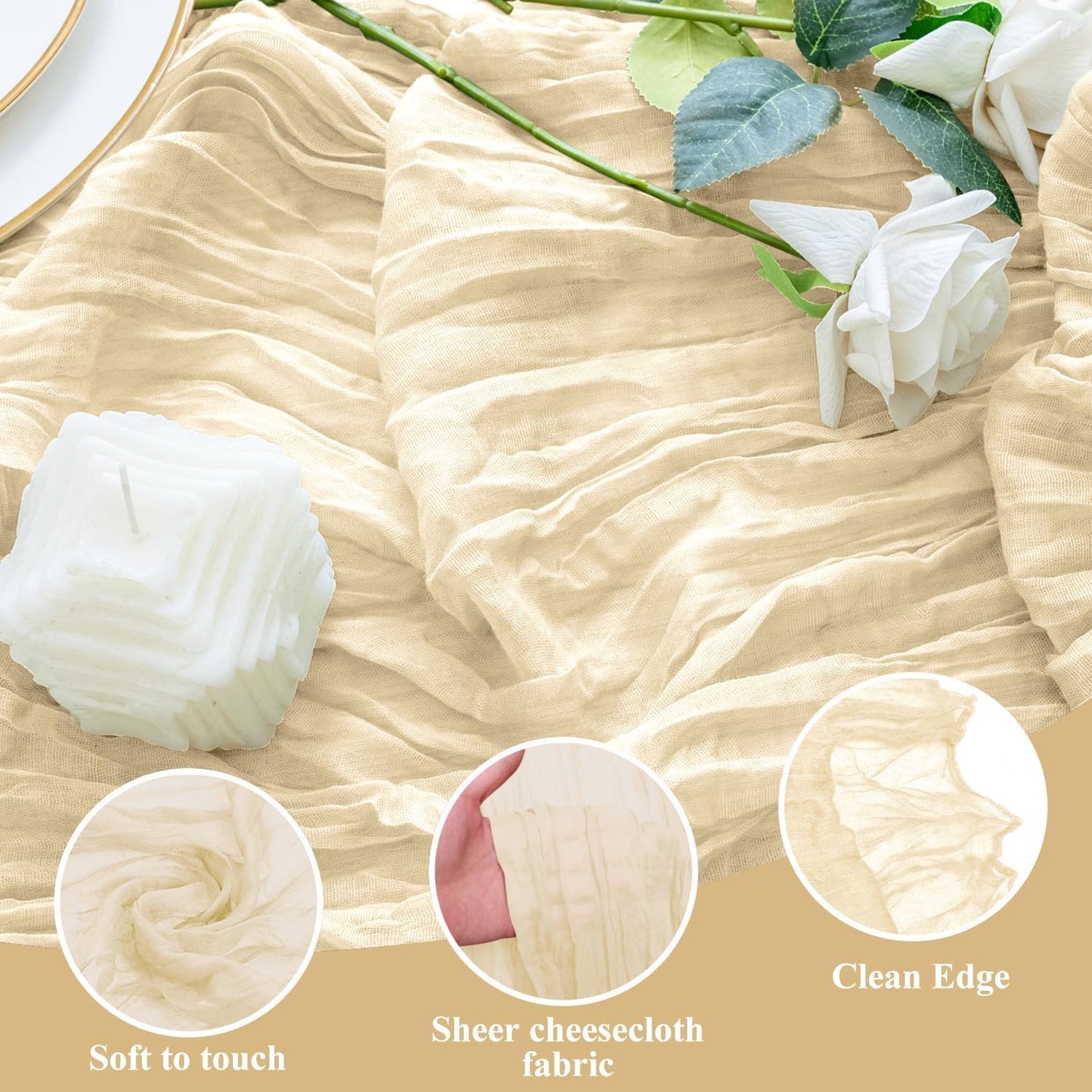 Skiennix Table Runner - 10FT Beige Boho Gauze Cheesecloth for Rustic Wedding & Party Decor