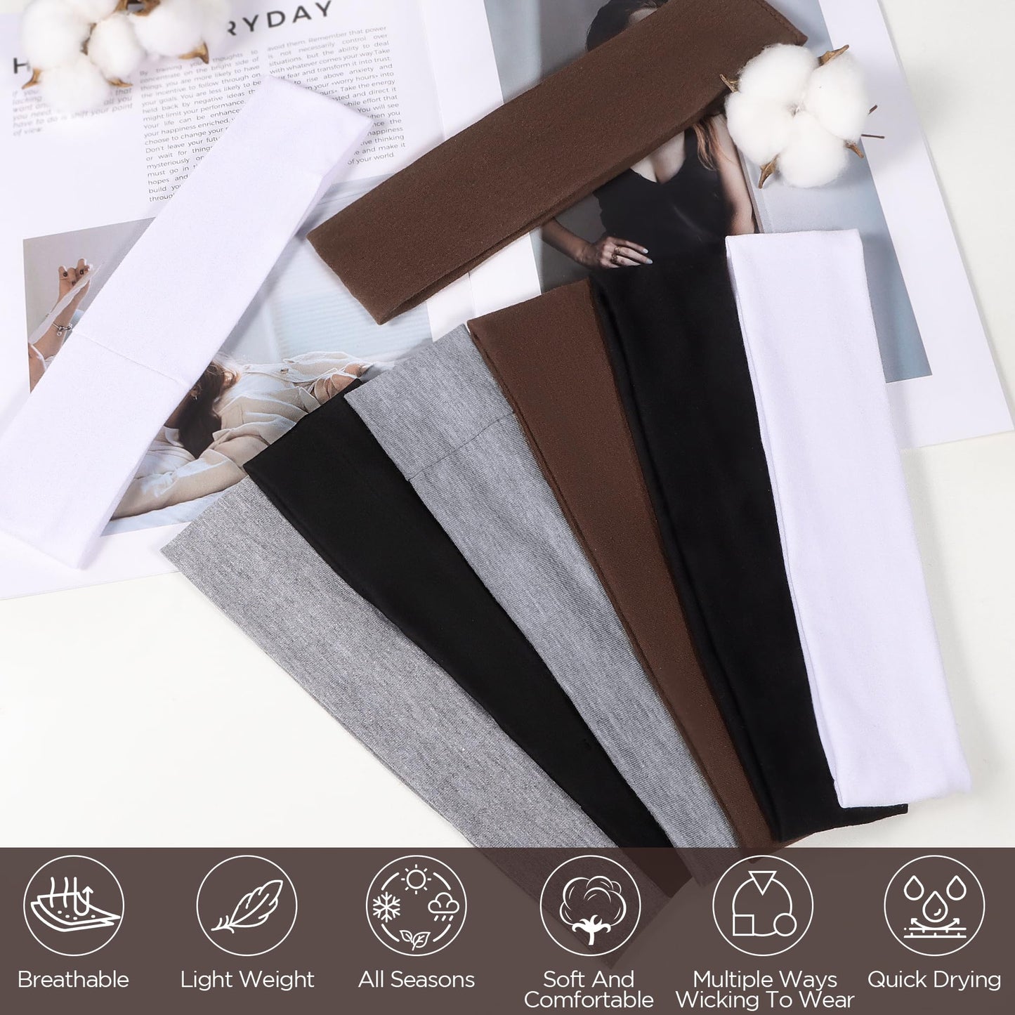 Ztomine Headbands for Women, 8pcs Stretchy Non Slip Soft Cotton Cloth Hair Bands for Sports, Workout, Yoga and Running