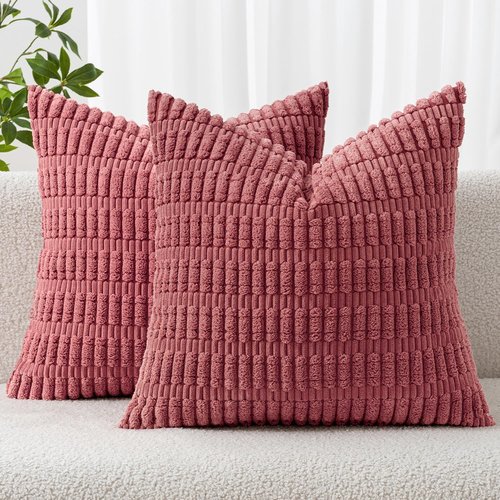 MIULEE Corduroy Throw Pillow Covers - Soft Boho Striped Design | 20x20 Inch Cranberry Red for Modern Home Decor