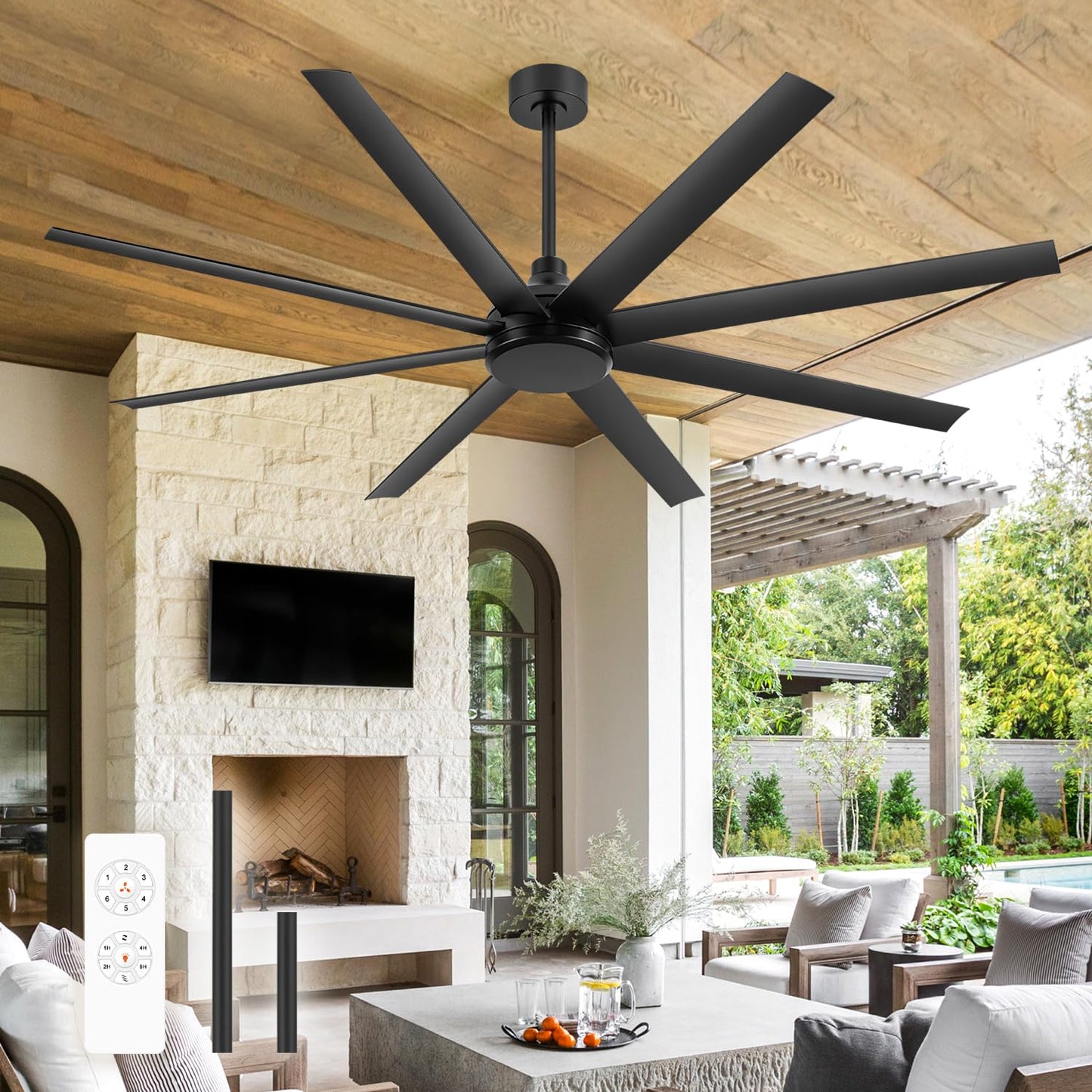 72 Inch Ceiling Fan No Light, Modern Ceiling Fan with Remote Control, Quite DC Motor 8 Reversible Blades Indoor Outdoor Industrial Ceiling Fan without Light For Living Room Bedroom Patio Garage-Black